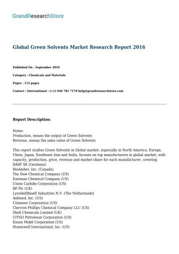 Global Green Solvents Market Research Report 2017