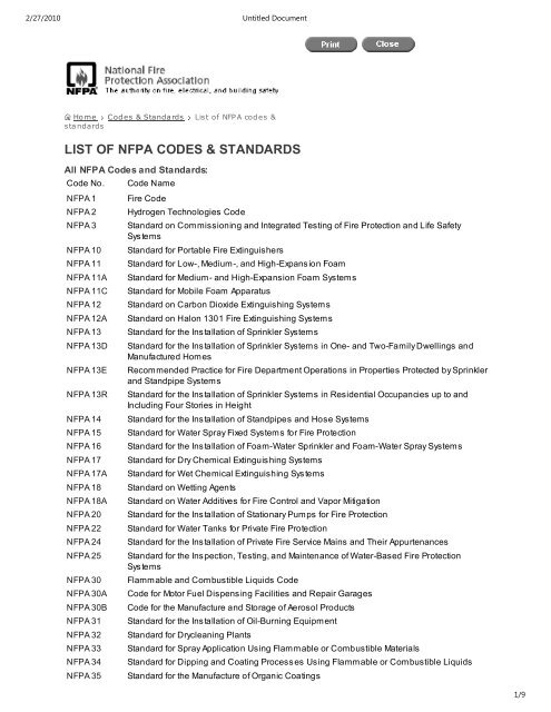 LIST OF NFPA CODES STANDARDS 46 OFF