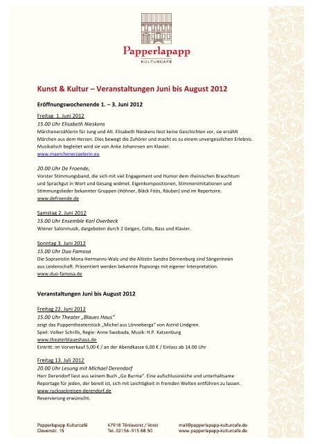 Veranstaltungen Juni Bis August 2012 Papperlapapp