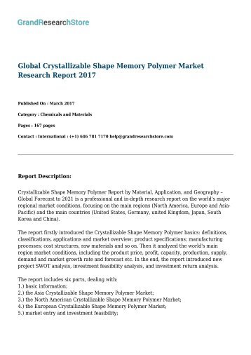 Global Crystallizable Shape Memory Polymer Market Research Report 2017