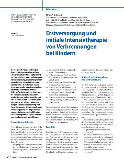 Erstversorgung und initiale Intensivtherapie von Verbrennungen bei ...