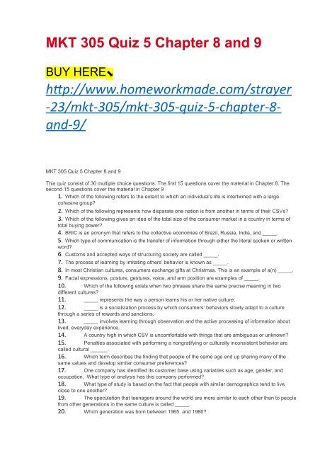 MKT 305 Quiz 5 Chapter 8 and 9