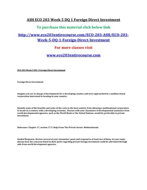 ASH ECO 203 Week 5 DQ 1 Foreign Direct Investment