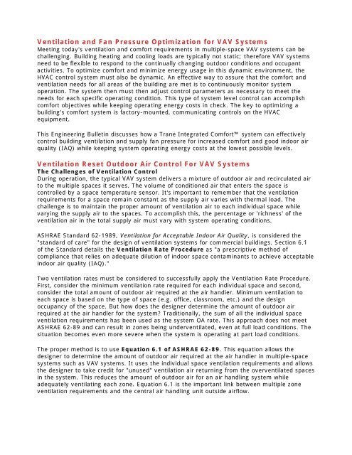 Ventilation And Fan Pressure Optimization For Vav Systems Trane
