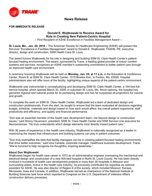 Donald E. Wojtkowski to Receive Award for Role - Trane