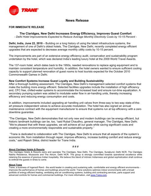The Claridges, New Delhi Increases Energy Efficiency - Trane