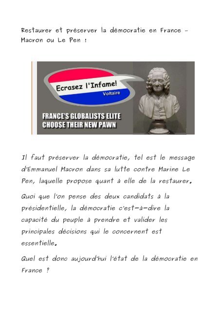 Restaurer et préserver la démocratie en France – Macron ou Le Pen