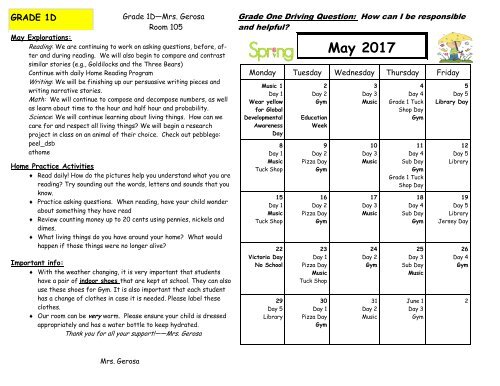 May 2017 Calendar and Curriculum Expectations