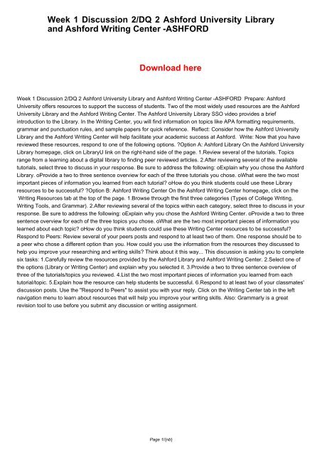 Week 1 Discussion 2/DQ 2 Ashford University Library and Ashford Writing Center -ASHFORD