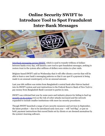 Online Security SWIFT to Introduce Tool to Spot Fraudulent Inter-Bank Messages