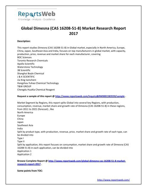Global Dimesna (CAS 16208-51-8) Market Research Report 2017