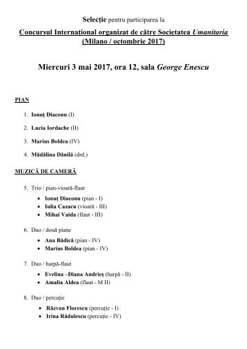 PROGRAMARE PT.SELECTIE CONCURS  UMANITARIA MILANO 03 mai 2017