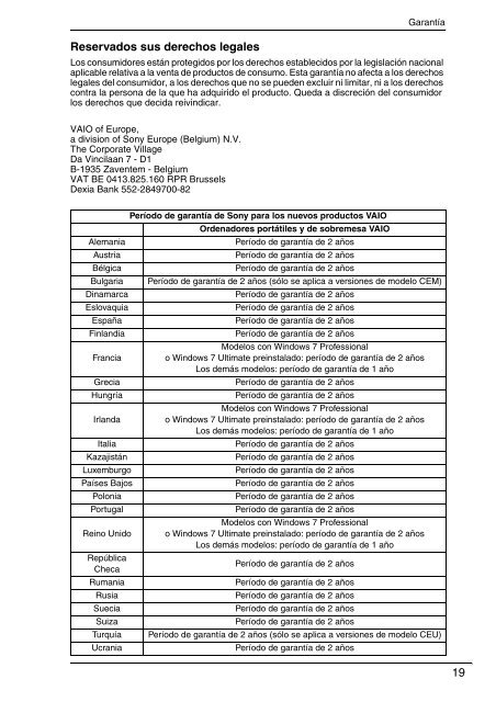 Sony VGN-NW21EF - VGN-NW21EF Documenti garanzia Spagnolo