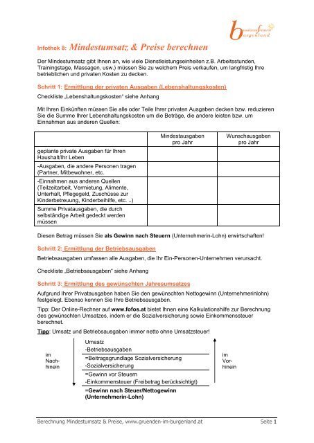 Infothek 8: Mindestumsatz &amp; Preise berechnen