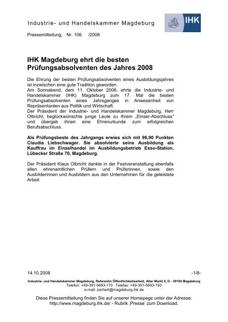 IHK Magdeburg ehrt die besten Prüfungsabsolventen ... - LifePR.de