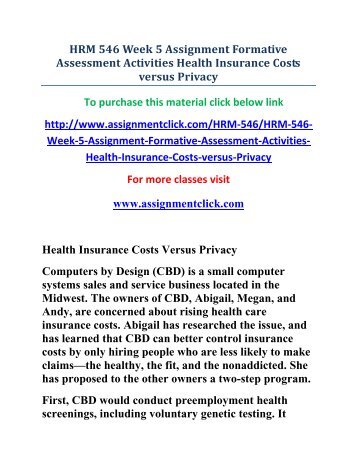 UOP HRM 546 Week 5 Assignment Formative Assessment Activities Health Insurance Costs versus Privacy