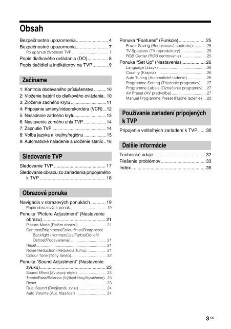 Sony KLV-15SR3E - KLV-15SR3E Istruzioni per l'uso Slovacco