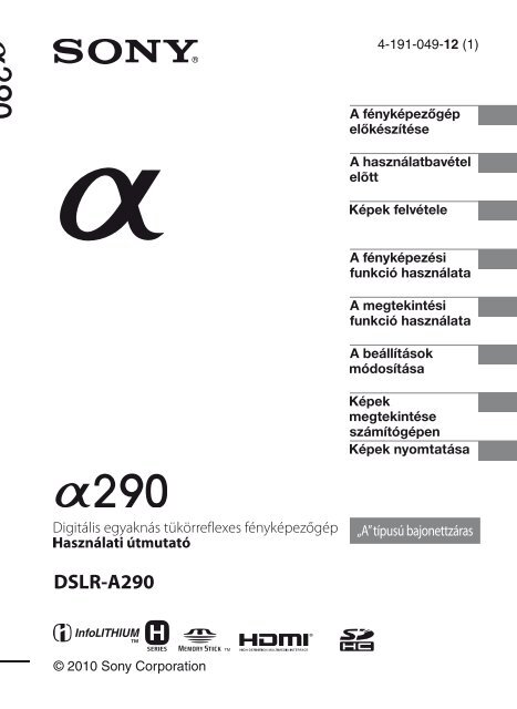 Sony DSLR-A290L - DSLR-A290L Consignes d&rsquo;utilisation Hongrois