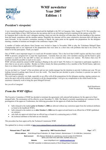 WMF newsletter Year 2007 Edition : 1 - World minigolf sport federation