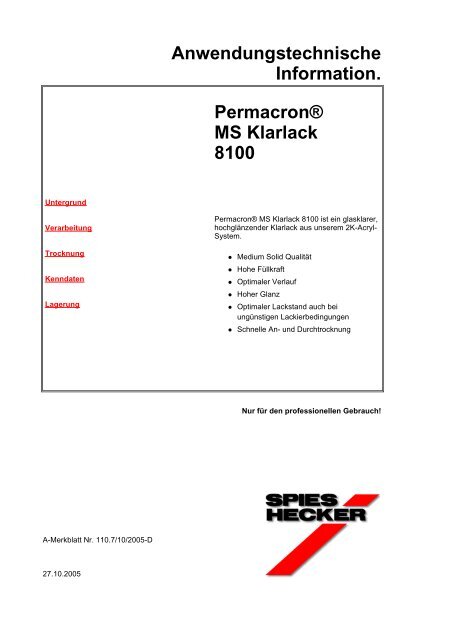 Anwendungstechnische Information. Permacron® MS Klarlack 8100