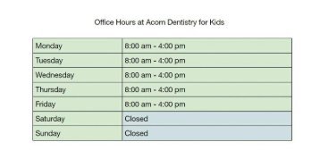 Office hours at Acorn Dentistry for Kids Silverton pediatric dentistry