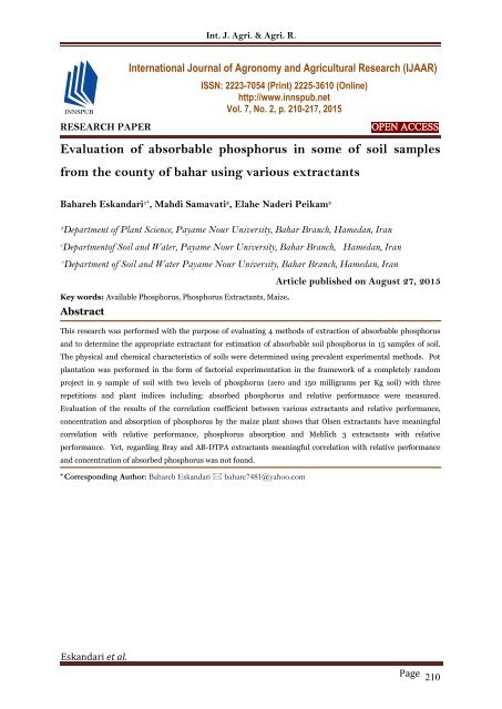 Evaluation of absorbable phosphorus in some of soil samples from the county of bahar using various extractants