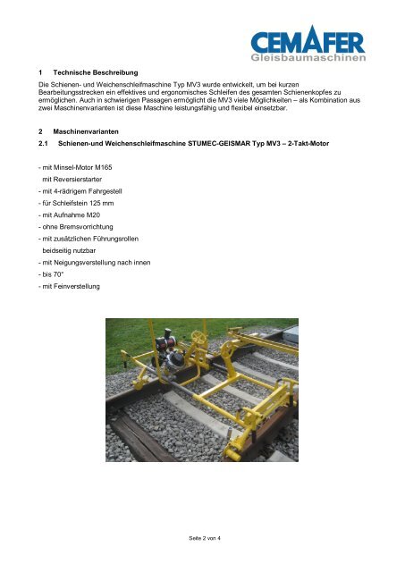 Schienen- und Weichenschleifmaschine Typ MV3 - Cemafer GmbH