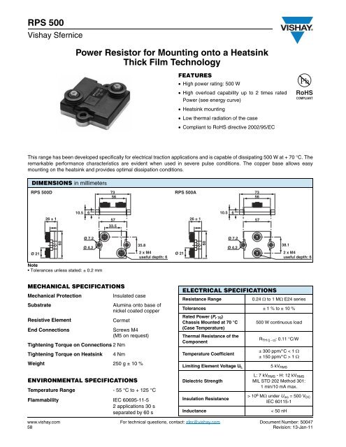 RPS 500 Power Resistor for Mounting onto a Heatsink ... - TTI Europe