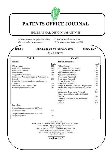 PATENTS OFFICE JOURNAL - Irish Patents Office