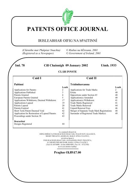 PATENTS OFFICE JOURNAL - Irish Patents Office