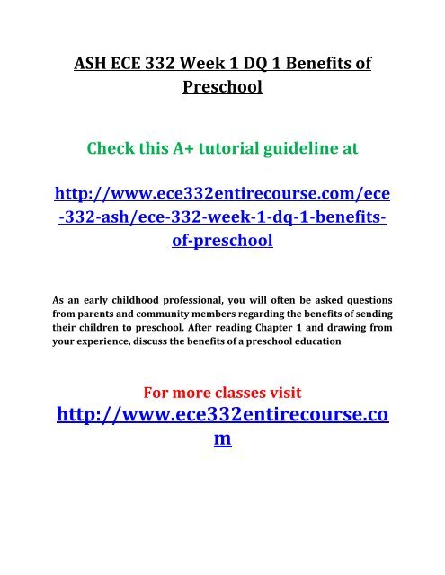 ASH ECE 332 Week 1 DQ 1 Benefits of Preschool