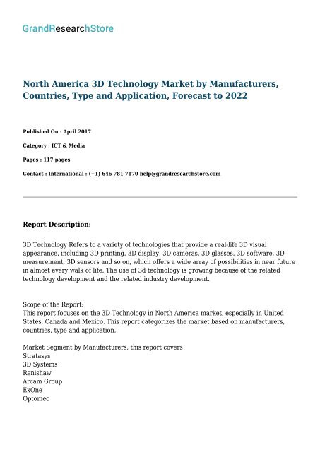 North America 3D Technology Market by Manufacturers, Countries, Type and Application, Forecast to 2022