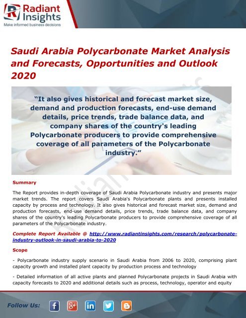 Saudi Arabia Polycarbonate Market Trends, Analysis and Forecasts 2020