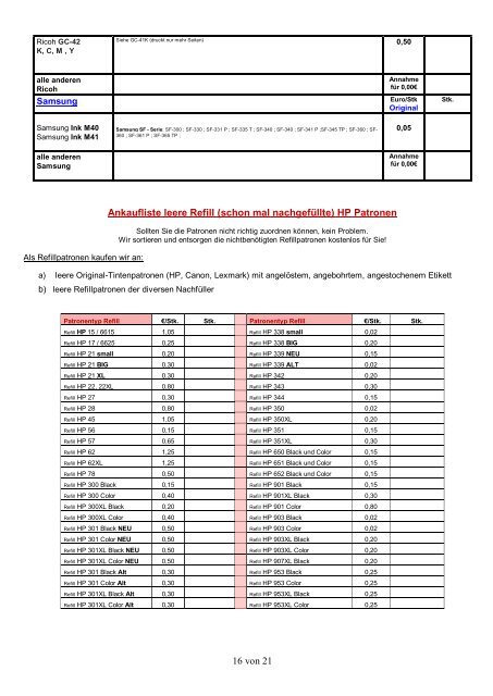 Ankaufliste leere empty Patronen Druckerpatronen Tintenpatronen Inkjet Cartridges Mai 2017 