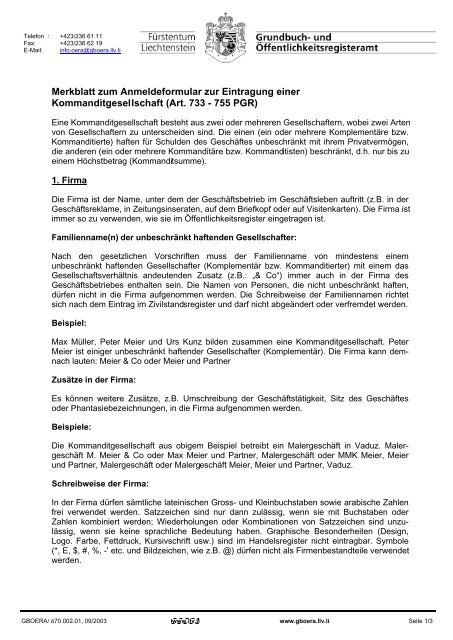 Merkblatt zum Anmeldeformular Kommanditgesellschaft