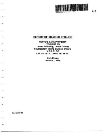 REPORT OF DIAMOND DRILLING - Geology Ontario