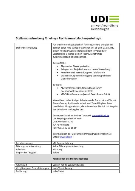 Stellenausschreibung für eine/n Rechtsanwaltsfachangestellte/n - UDI