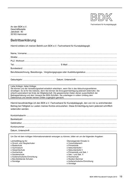 Rundbrief Frühjahr 2010 - Bund-Deutscher-Kunsterzieher-NRW