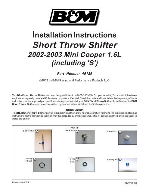 Installation Instructions Short Throw Shifter 2002-2003 Mini Cooper ...