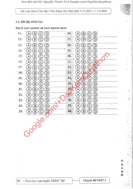 GIÁO TRÌNH TỰ HỌC TOEIC 800 PART 2 TÀI LIỆU DÀNH RIÊNG CHO HỌC VIÊN CỦA FANPAGE CỘNG ĐỒNG TOEICER VIỆT NAM