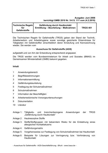 TRGS 401 "Gefährdung durch Hautkontakt - Ermittlung, Beurteilung ...