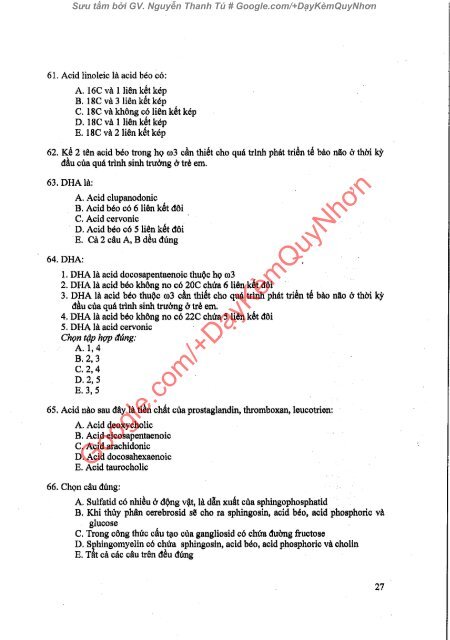 CÂU HỎI TRẮC NGHIỆM HÓA SINH Y HỌC & SINH LÝ HỌC ĐH Y DƯỢC TPHCM