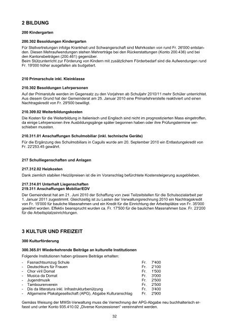 iv erläuterungen zur verwaltungsrechnung 2010 - Domat/Ems