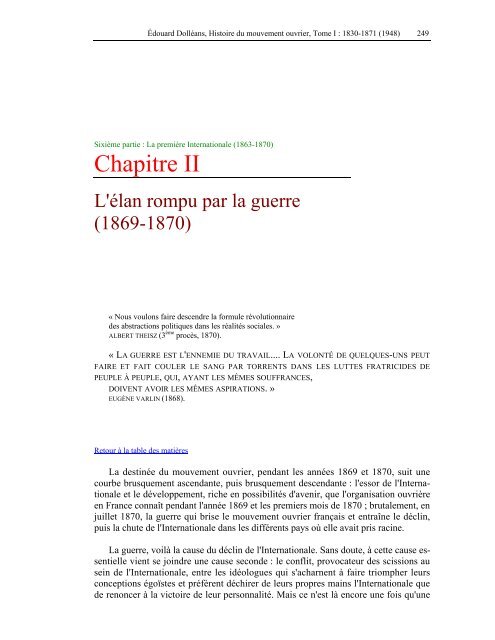 Histoire du mouvement ouvrier Tome I : 1830-1871