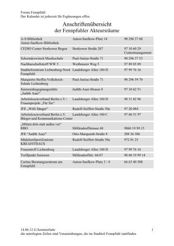 Veranstaltungskalender - Fennpfuhl