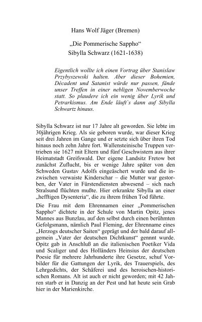 Hans Wolf Jäger (Bremen) „Die Pommerische Sappho“ Sibylla ...