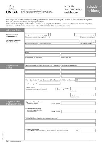 Betriebsunterbrechung Schadenmeldung - Uniqa