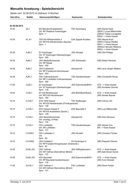 Spiele vom: 02.06.2012 im Zeitraum: 8 Wochen - Kreis Kassel