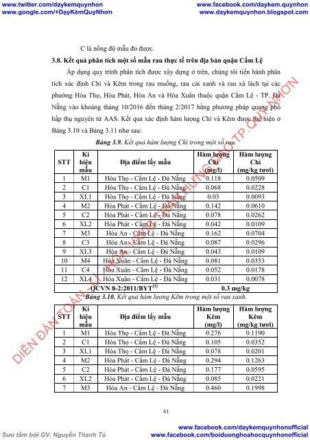 Xác định hàm lượng Pb, Zn trong một số rau xanh trên địa bàn quận Cẩm Lệ - TP. Đà Nẵng bằng phương pháp quang phổ hấp thụ nguyên tử AAS