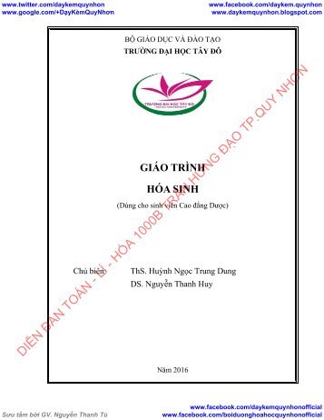 GIÁO TRÌNH HÓA SINH (DÙNG CHO SINH VIÊN CAO ĐẲNG DƯỢC) TRƯỜNG ĐẠI HỌC TÂY ĐÔ NĂM 2016